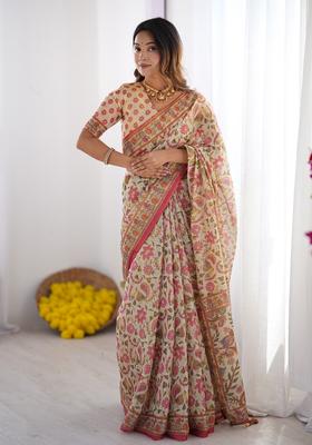 Multicolor Printed Linen Saree Set