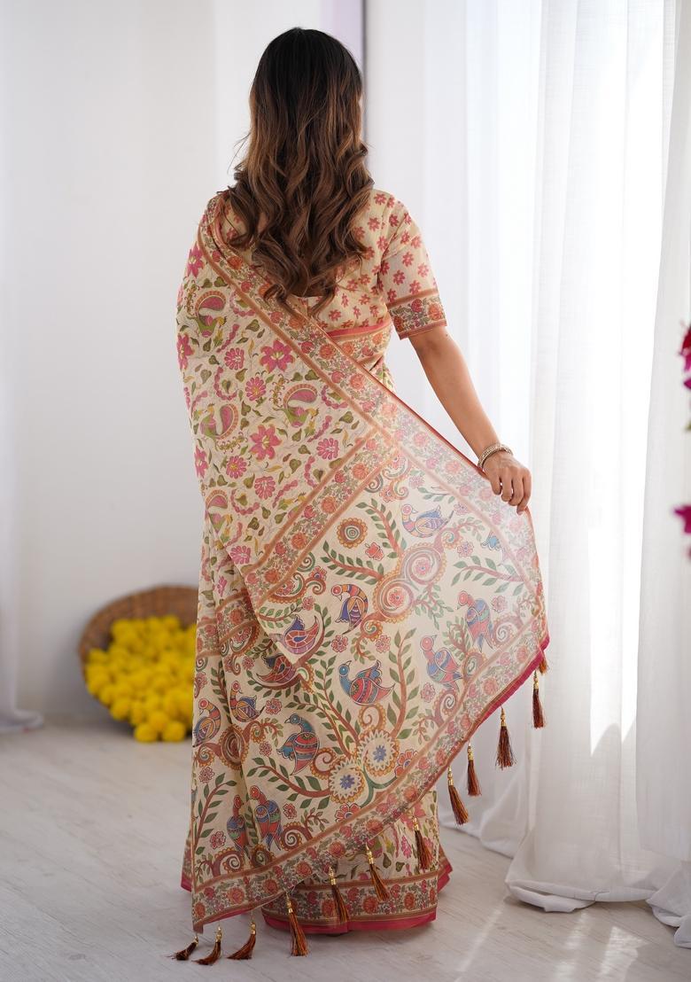 Multicolor Printed Linen Saree Set - Indya