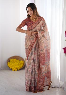 Multicolor Printed Linen Saree Set