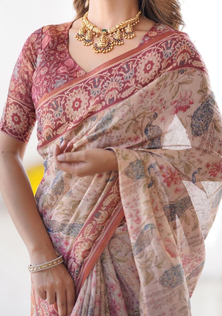 Multicolor Printed Linen Saree Set - Indya