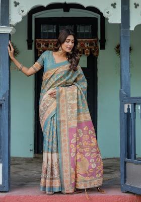 Multicolor Printed Linen Saree Set