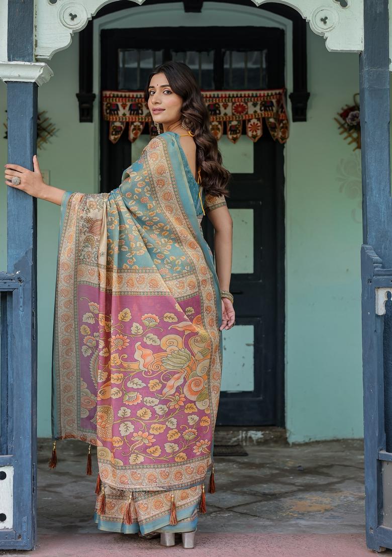Multicolor Printed Linen Saree Set - Indya