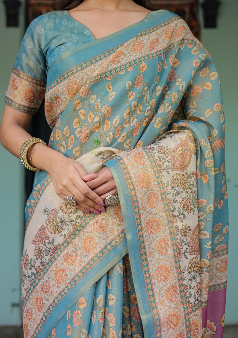 Multicolor Printed Linen Saree Set - Indya
