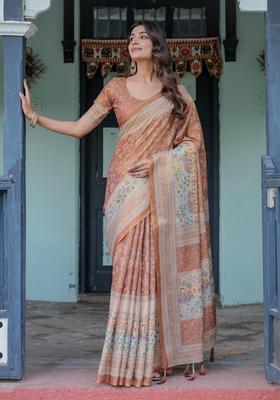 Multicolor Printed Linen Saree Set