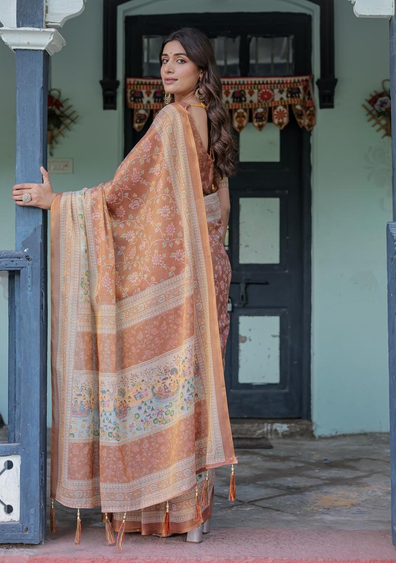 Multicolor Printed Linen Saree Set - Indya