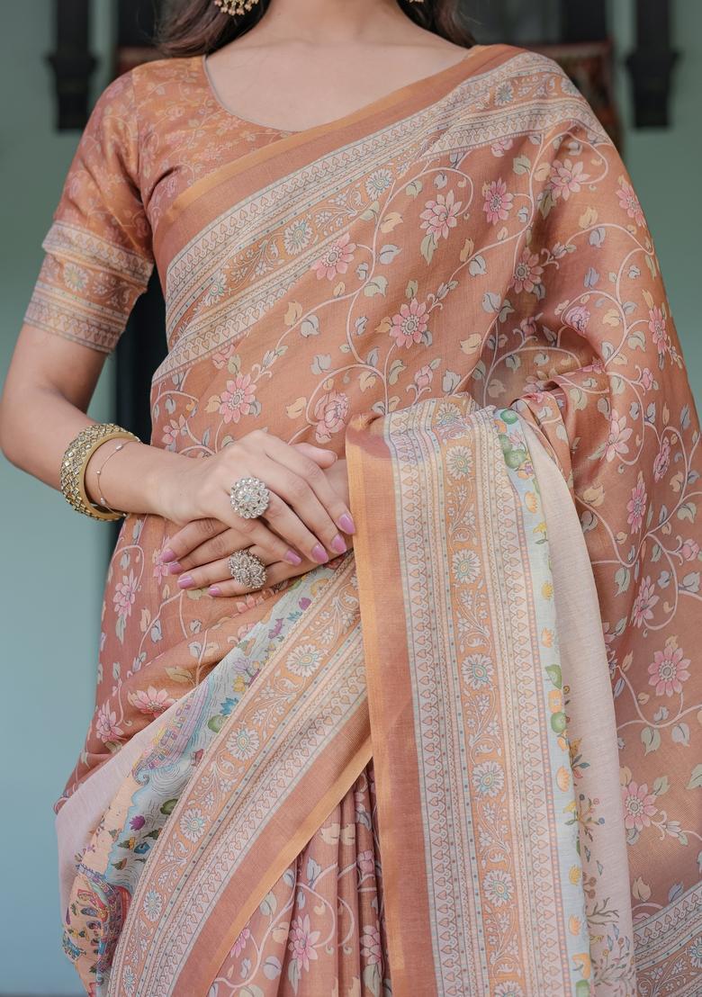 Multicolor Printed Linen Saree Set - Indya