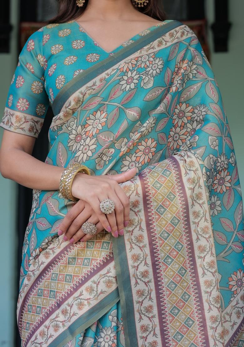 Multicolor Printed Linen Saree Set - Indya