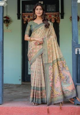 Multicolor Printed Linen Saree Set