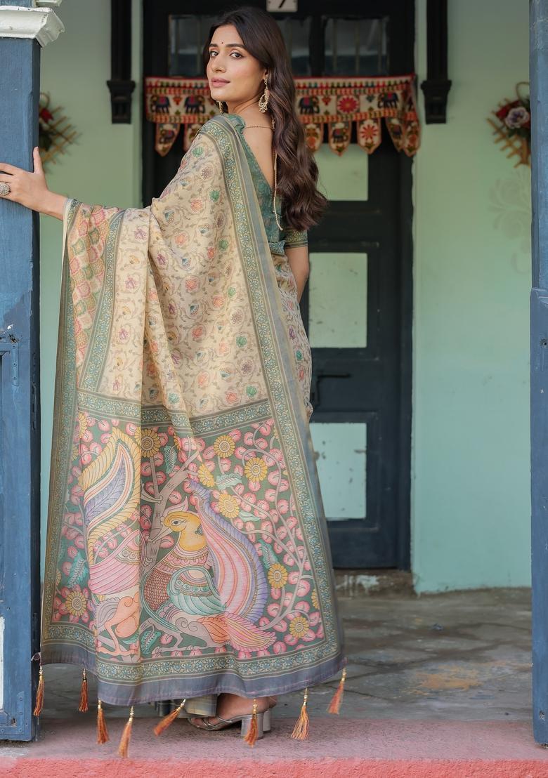 Multicolor Printed Linen Saree Set - Indya