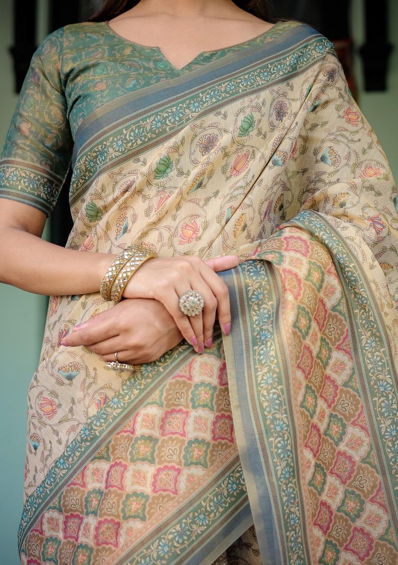 Multicolor Printed Linen Saree Set - Indya