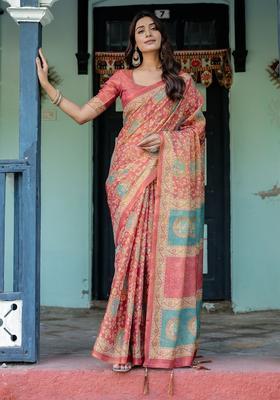 Multicolor Printed Linen Saree Set