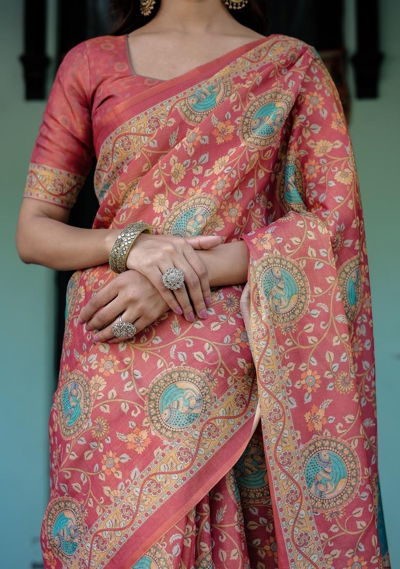 Multicolor Printed Linen Saree Set - Indya