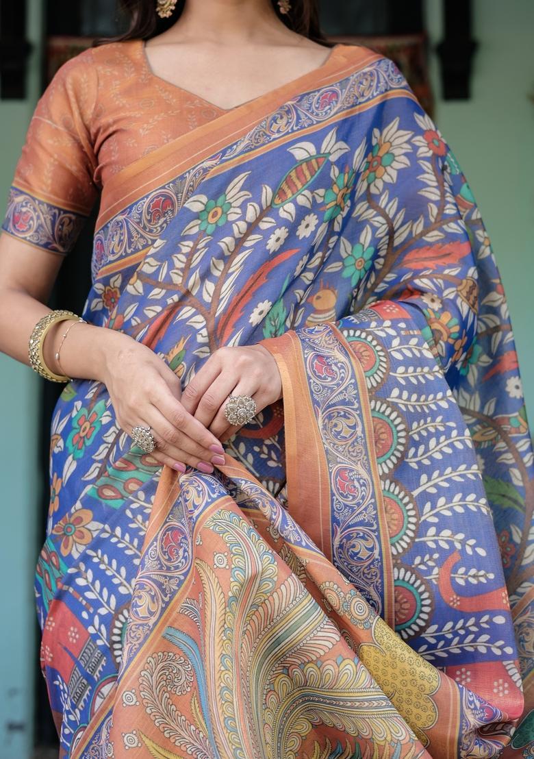Multicolor Printed Linen Saree Set - Indya