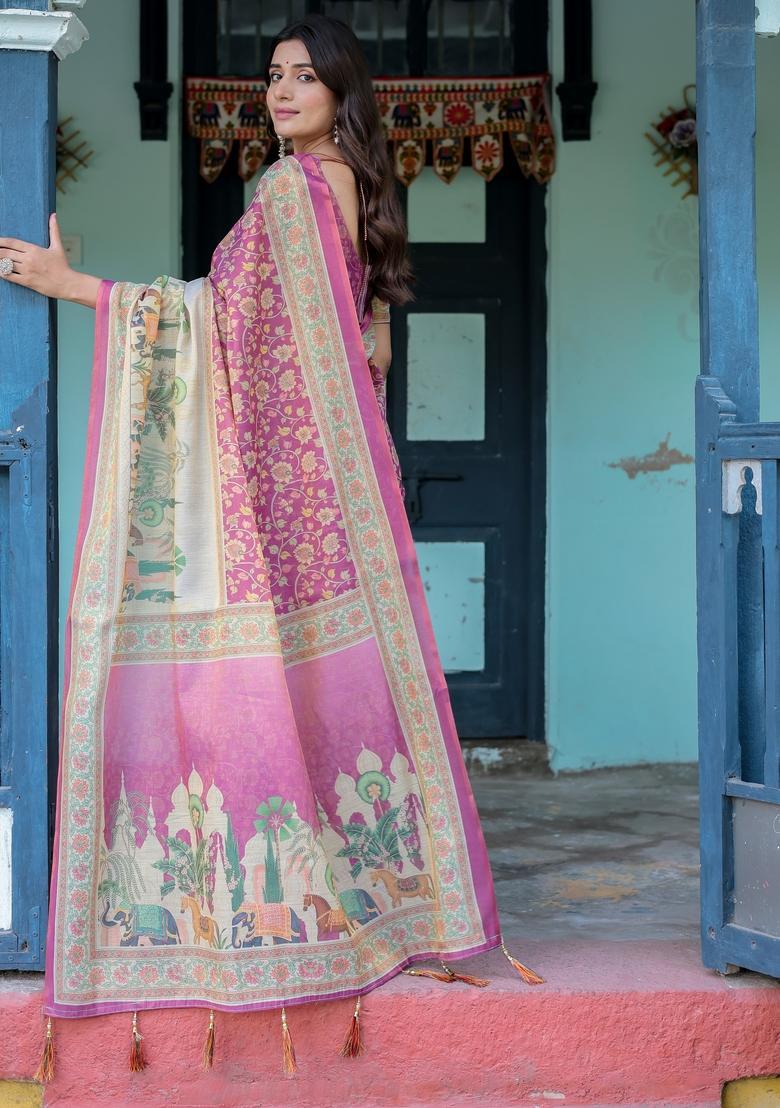 Multicolor Printed Linen Saree Set - Indya