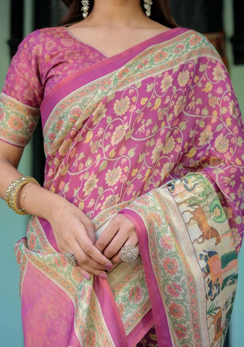 Multicolor Printed Linen Saree Set - Indya