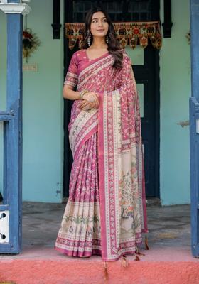 Multicolor Printed Linen Saree Set