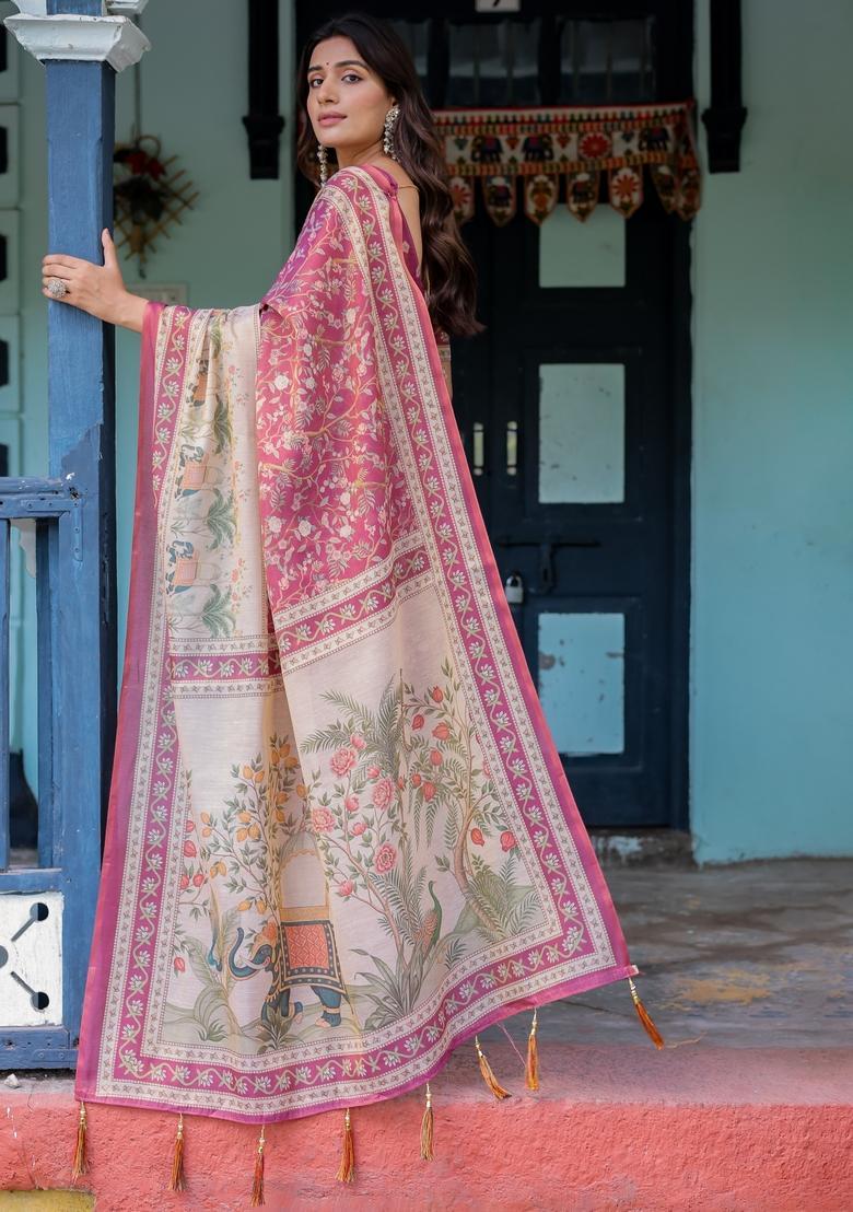 Multicolor Printed Linen Saree Set - Indya