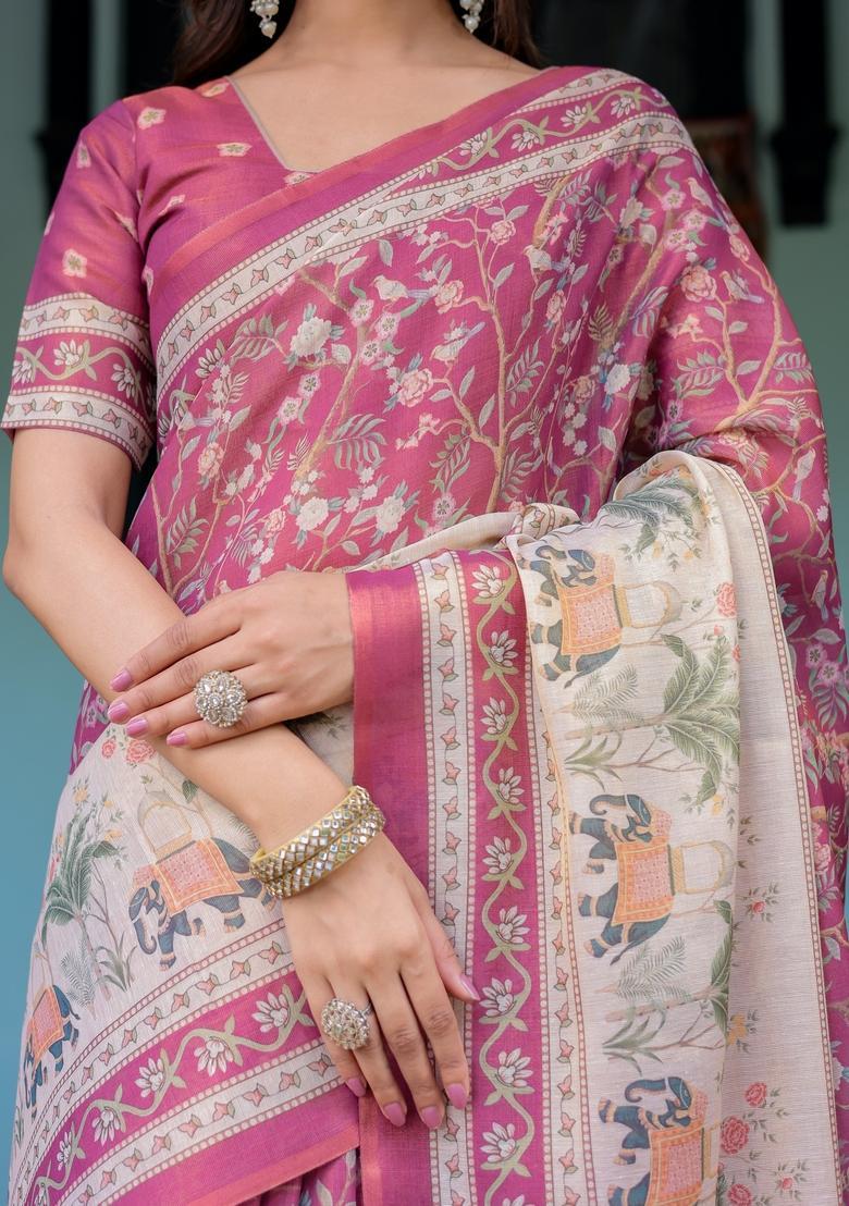 Multicolor Printed Linen Saree Set - Indya