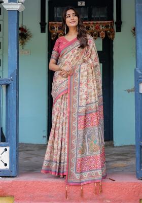 Multicolor Printed Linen Saree Set