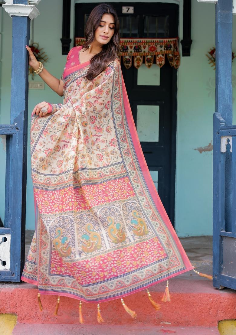 Multicolor Printed Linen Saree Set - Indya