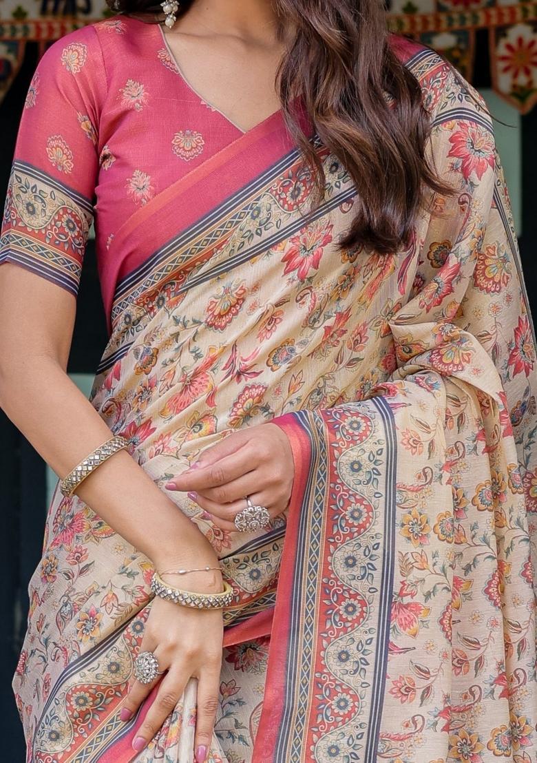 Multicolor Printed Linen Saree Set - Indya