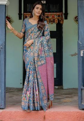 Multicolor Printed Linen Saree Set