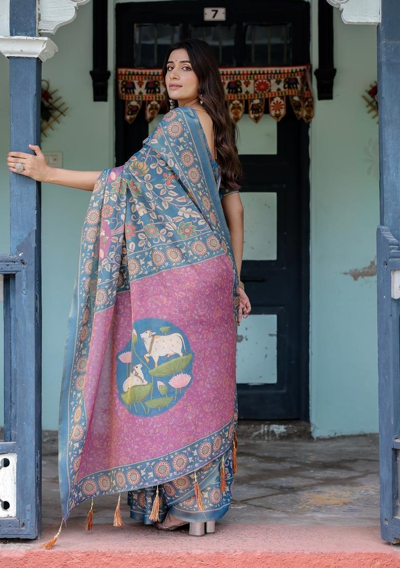 Multicolor Printed Linen Saree Set - Indya