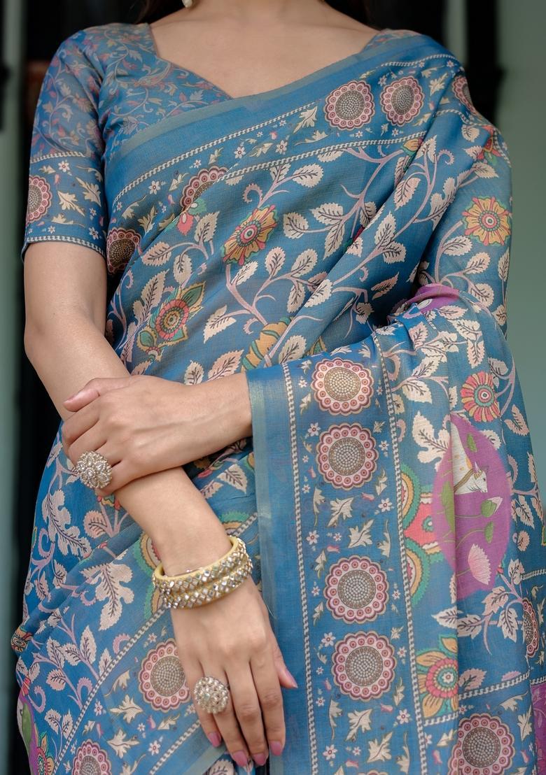 Multicolor Printed Linen Saree Set - Indya