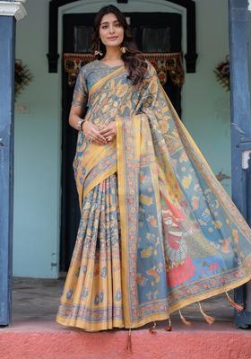 Multicolor Printed Linen Saree Set