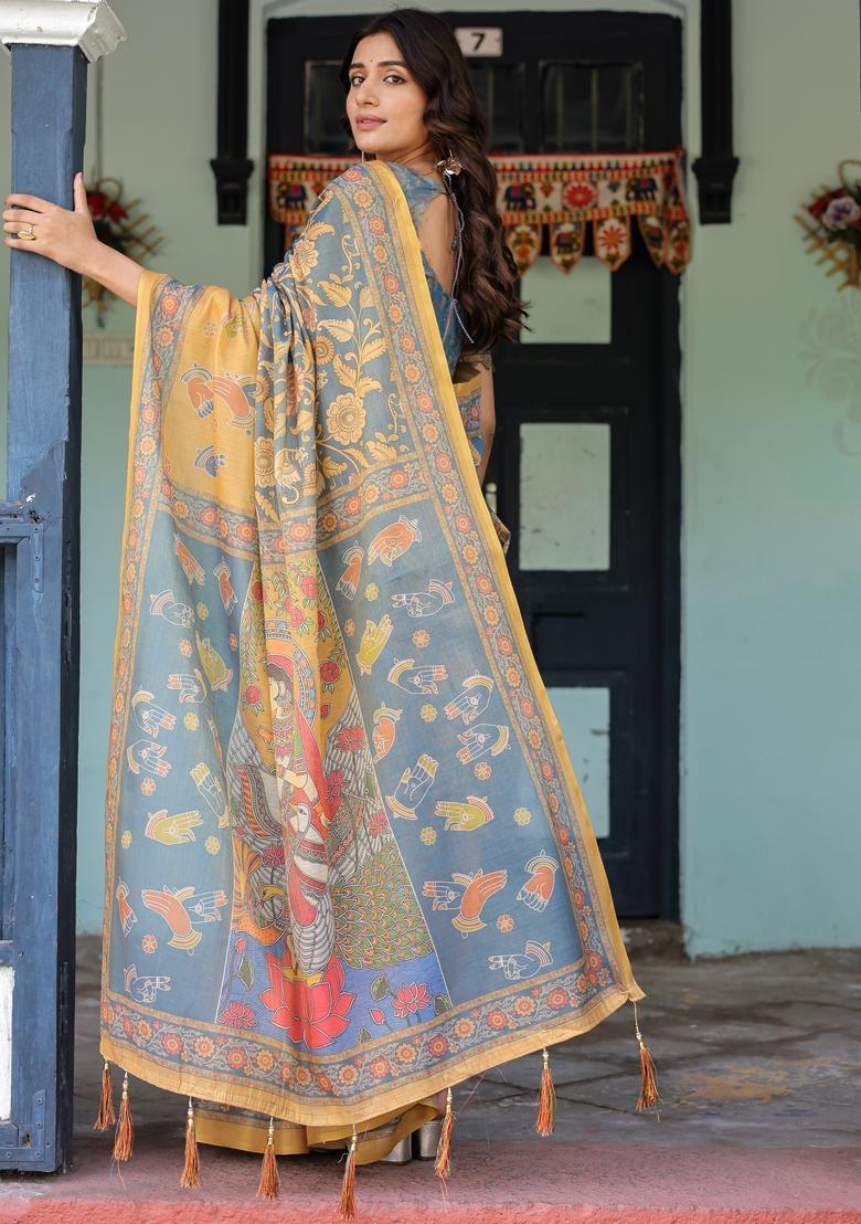 Multicolor Printed Linen Saree Set - Indya