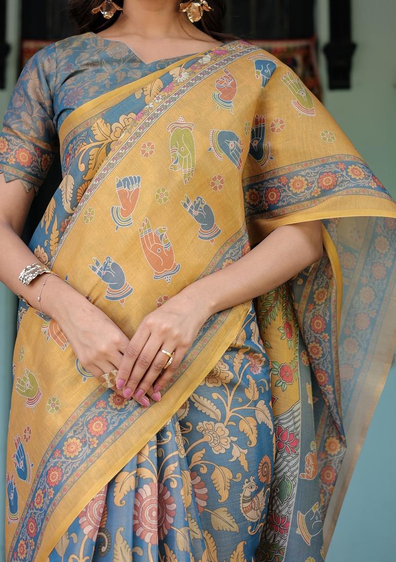Multicolor Printed Linen Saree Set - Indya