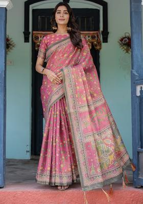 Multicolor Printed Linen Saree Set