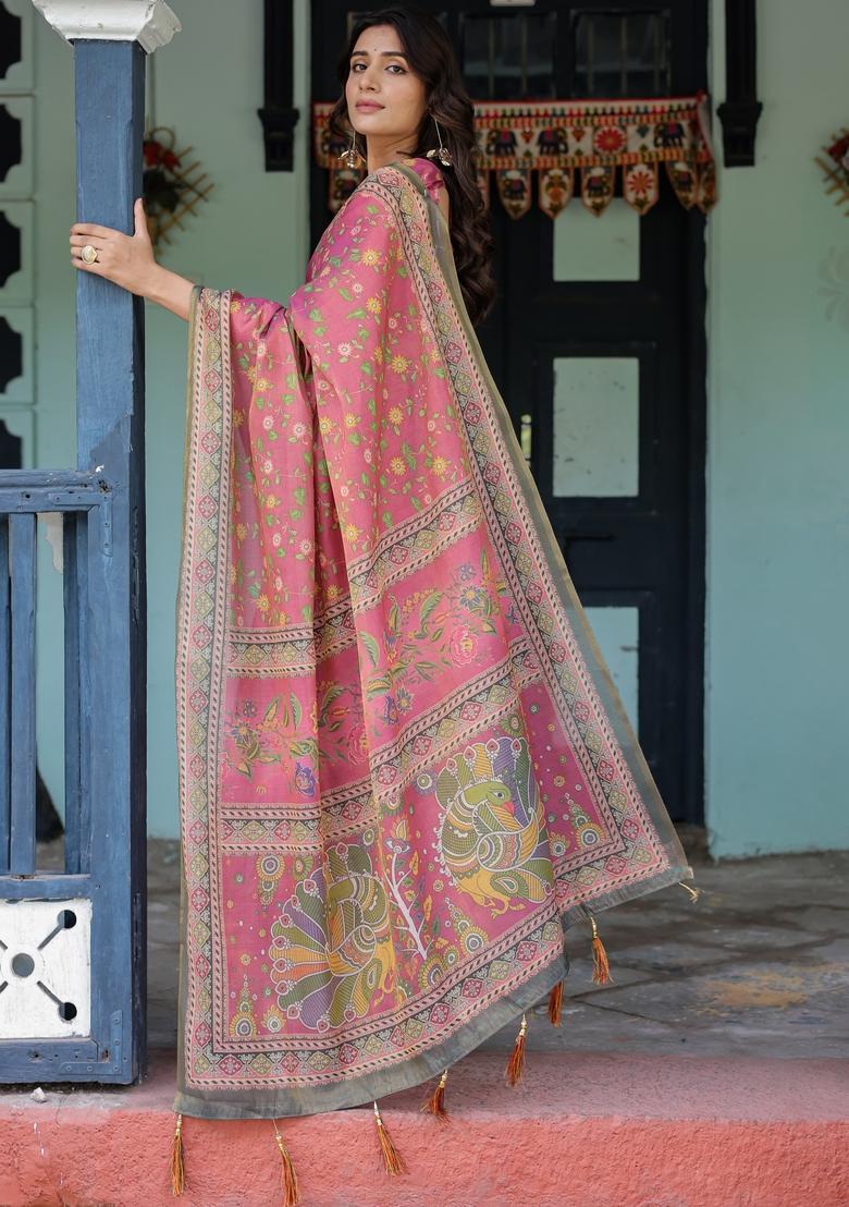 Multicolor Printed Linen Saree Set - Indya