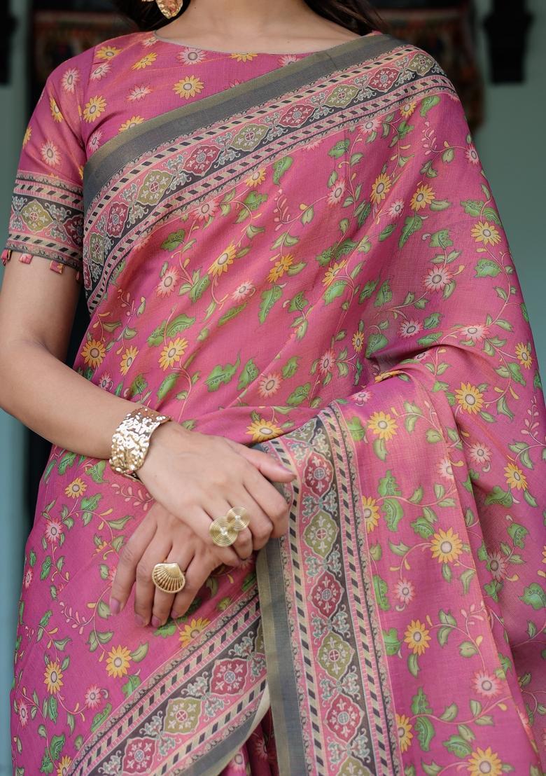 Multicolor Printed Linen Saree Set - Indya