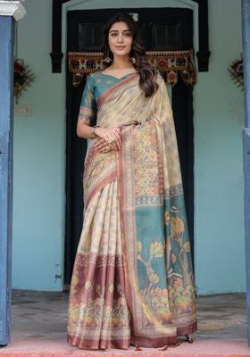 Multicolor Printed Linen Saree Set