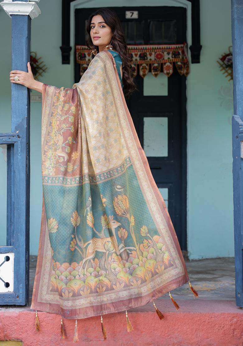 Multicolor Printed Linen Saree Set - Indya