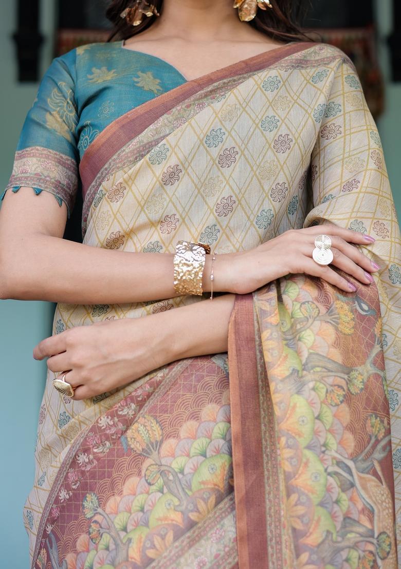 Multicolor Printed Linen Saree Set - Indya