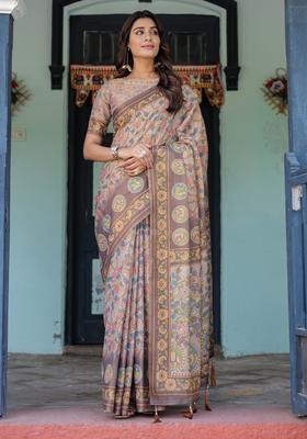 Multicolor Printed Linen Saree Set