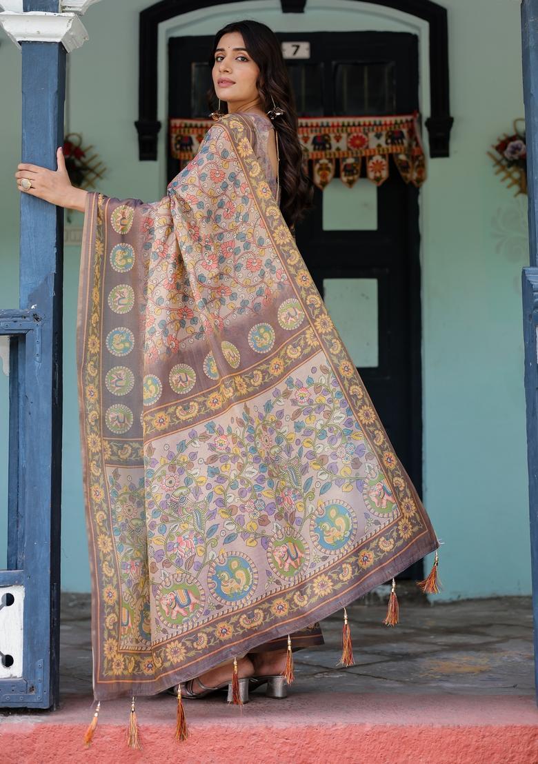 Multicolor Printed Linen Saree Set - Indya