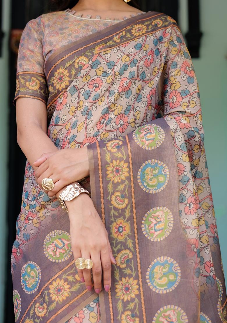 Multicolor Printed Linen Saree Set - Indya