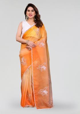 Orange Yellow Embroidered Silk Saree Set