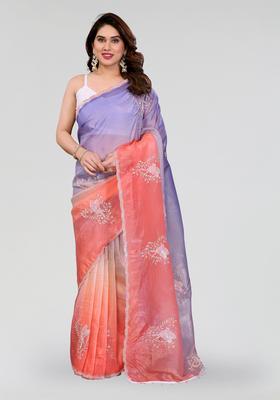 Peach Lavender Embroidered Silk Saree Set