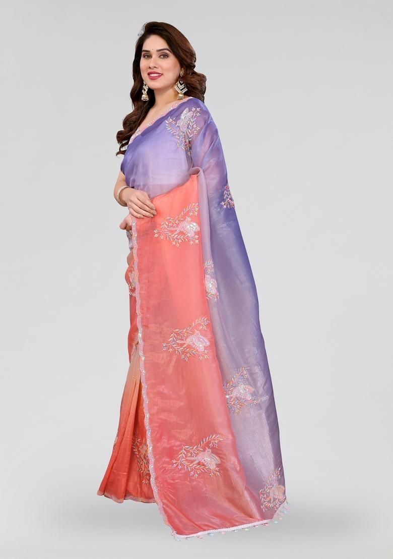 Peach Lavender Embroidered Silk Saree Set - Indya