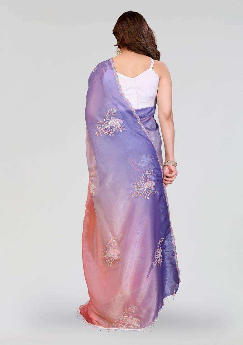 Peach Lavender Embroidered Silk Saree Set for Diwali and Festive Wear - Indya