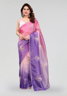 Pink Lavender Embroidered Silk Saree Set
