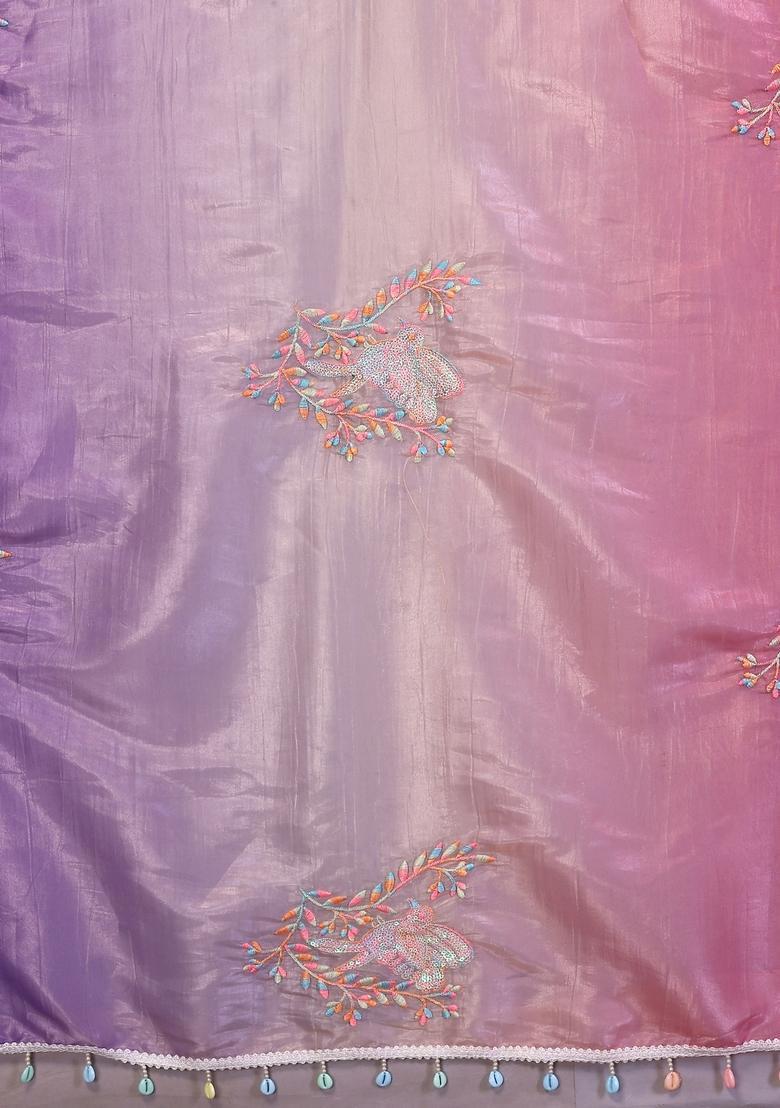 Pink Lavender Embroidered Silk Saree Set - Indya