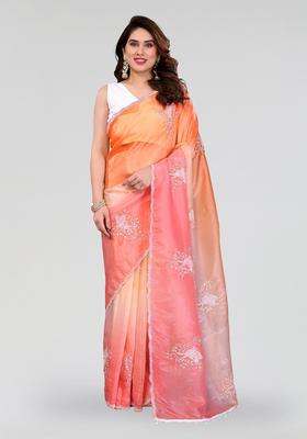 Pink Orange Embroidered Silk Saree Set