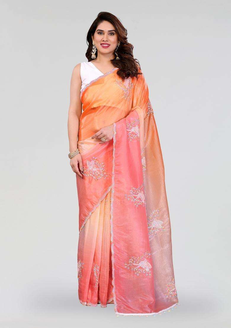 Pink Orange Silk Saree Set with Embroidered for Diwali | Wedding & Festive Wear - Indya