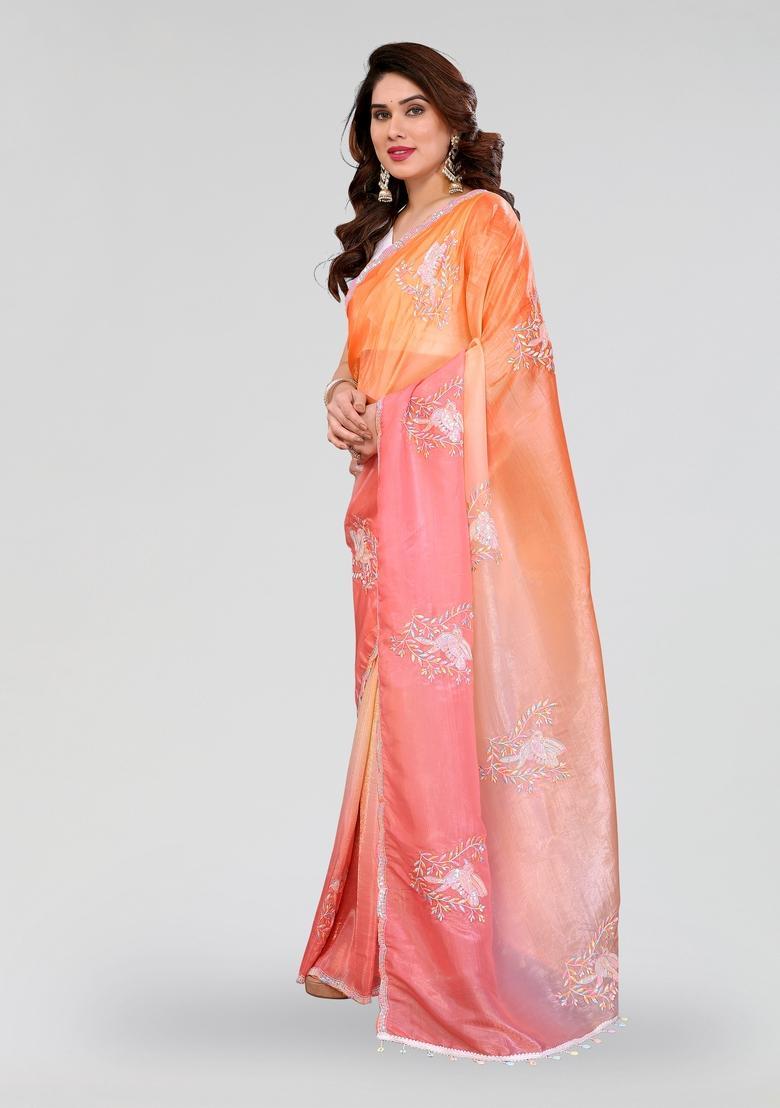 Pink Orange Embroidered Silk Saree Set - Indya