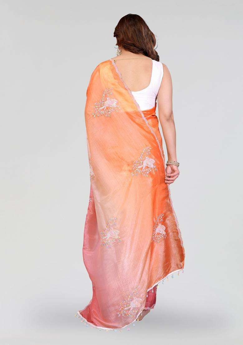 Pink Orange Silk Saree Set with Embroidered for Diwali | Wedding & Festive Wear - Indya